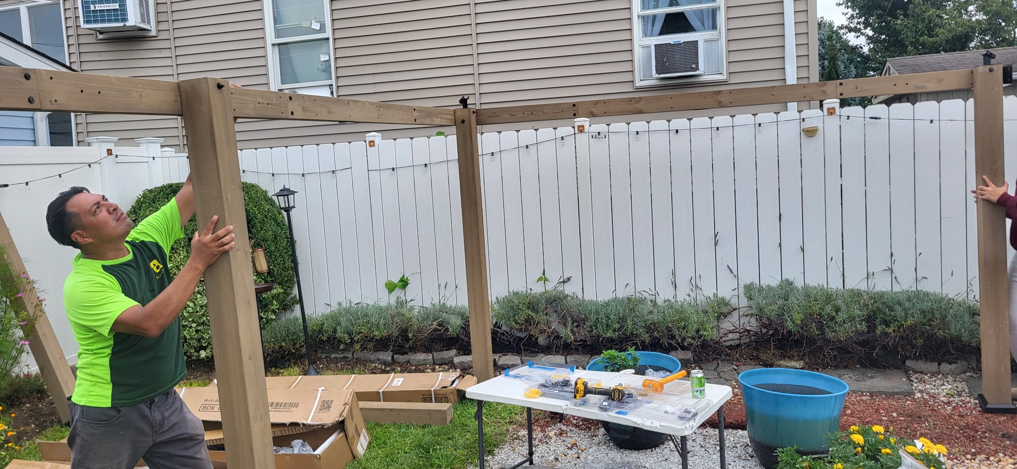Timber gazebo frame assembled and aligned